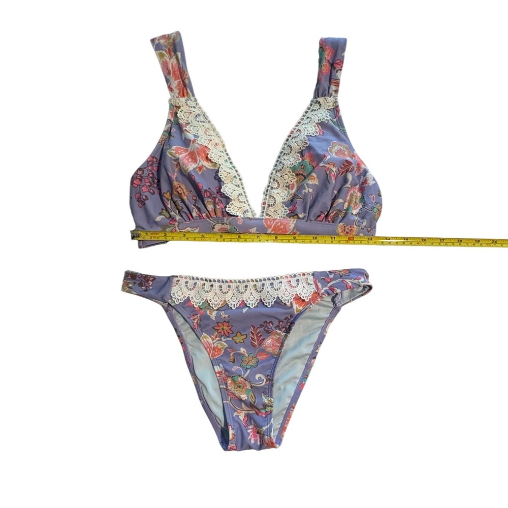 Purple Floral Paisley Crochet Lace Trim Two Piece Bikini Set Boho Swimwear Sz M - Picture 3 of 6